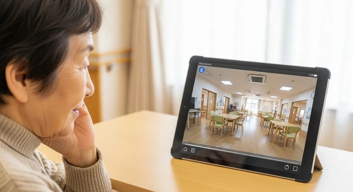 VRで介護施設の様子を確認し安心する高齢者