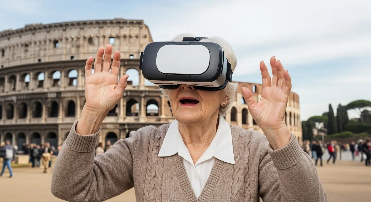 VRヘッドセットでバーチャル旅行を楽しむ高齢者