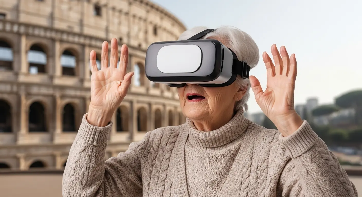 VRヘッドセットでバーチャル旅行を楽しむ高齢者