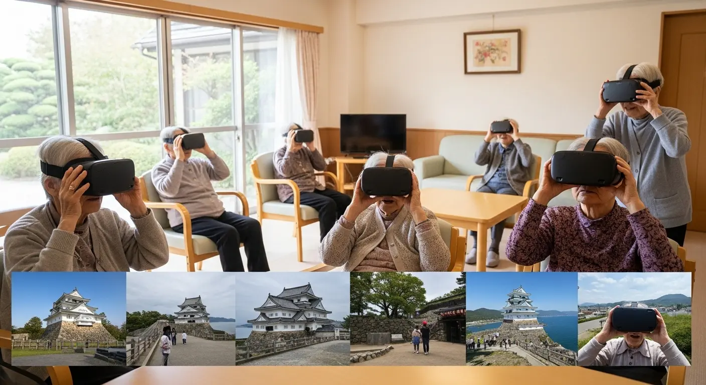 介護職員によるVRレクリエーションのサポート風景