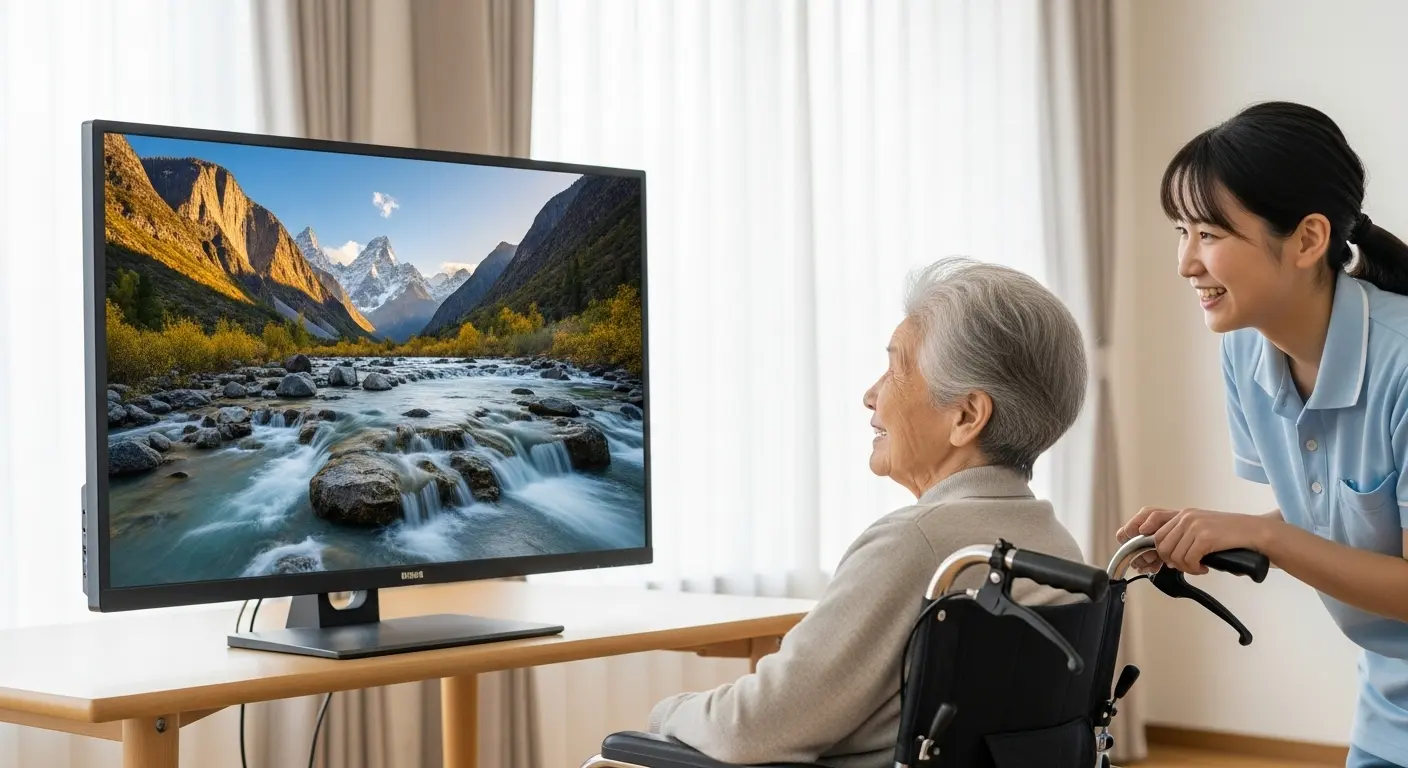 車椅子でVR旅行を楽しむ高齢者