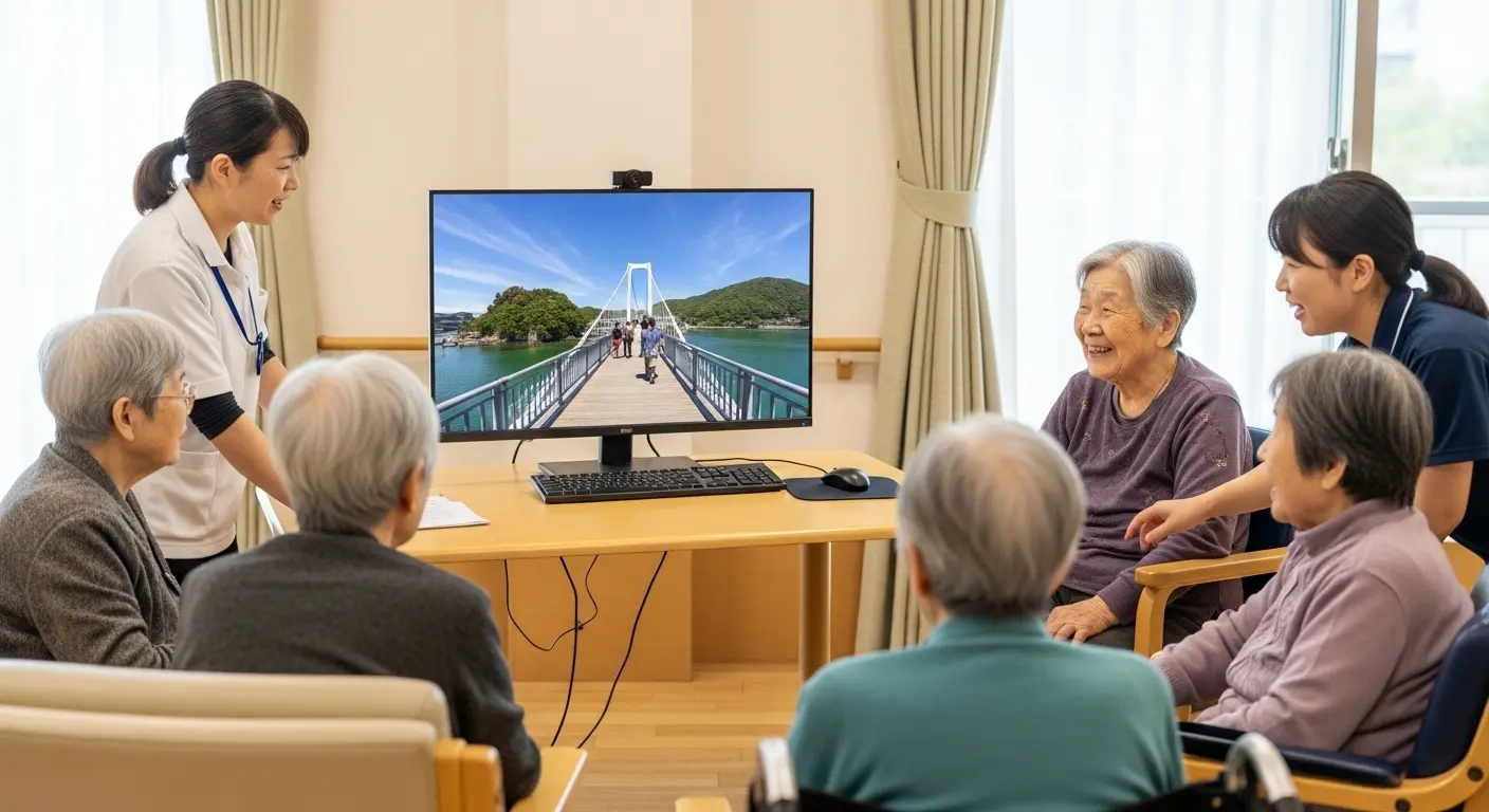 山口県内でVR観光を楽しむ高齢者と介護職員