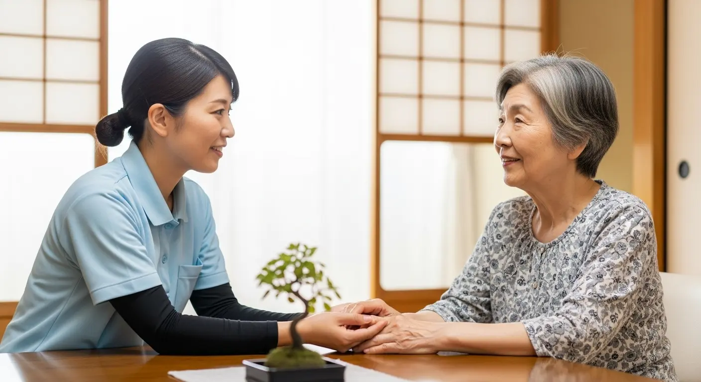 認知症の介護に悩む家族と、優しく寄り添う介護職員