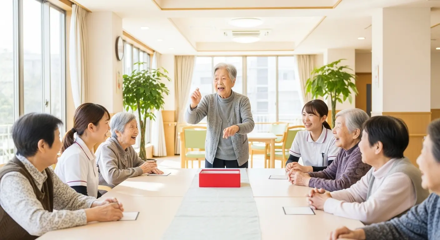介護施設で高齢者がジェスチャーゲームを楽しむ様子