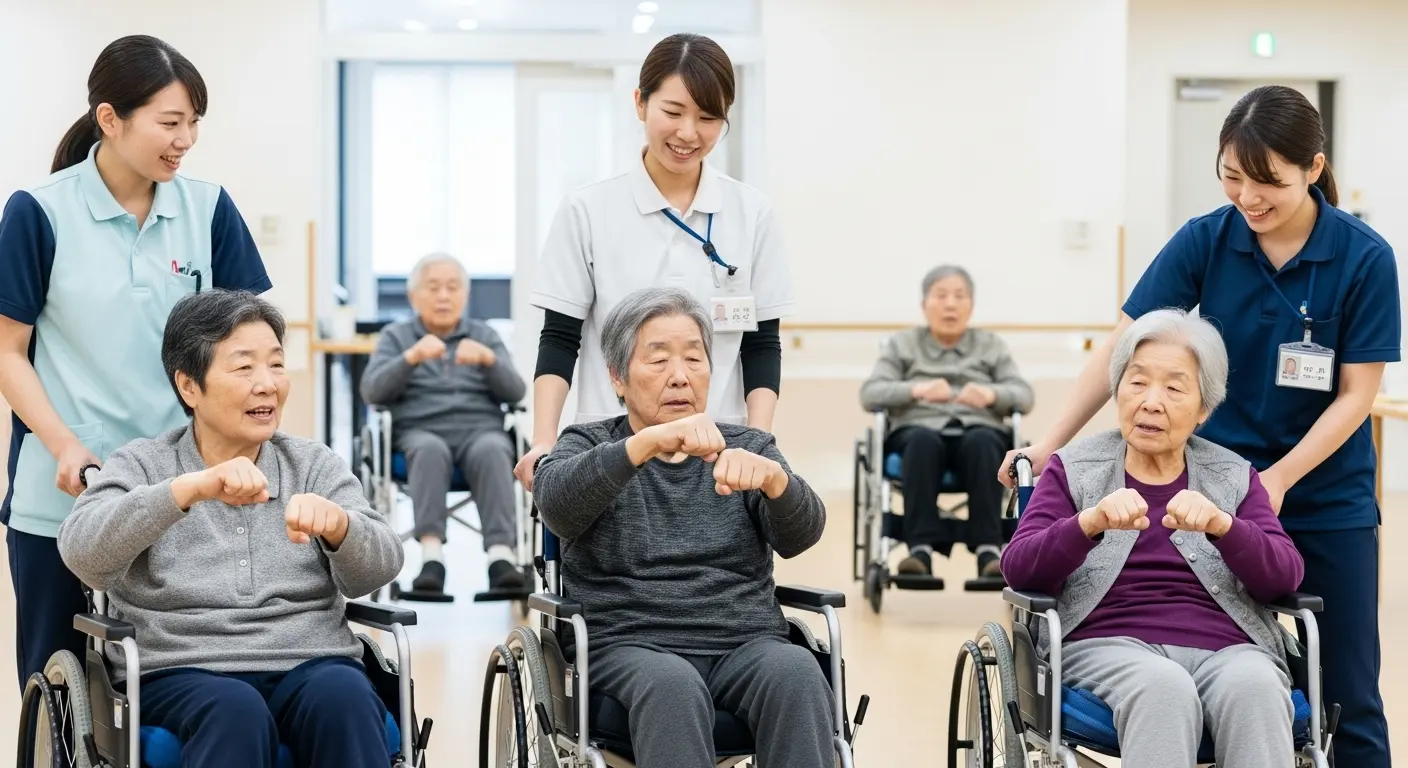 介護施設で高齢者がグーパー体操を行う様子