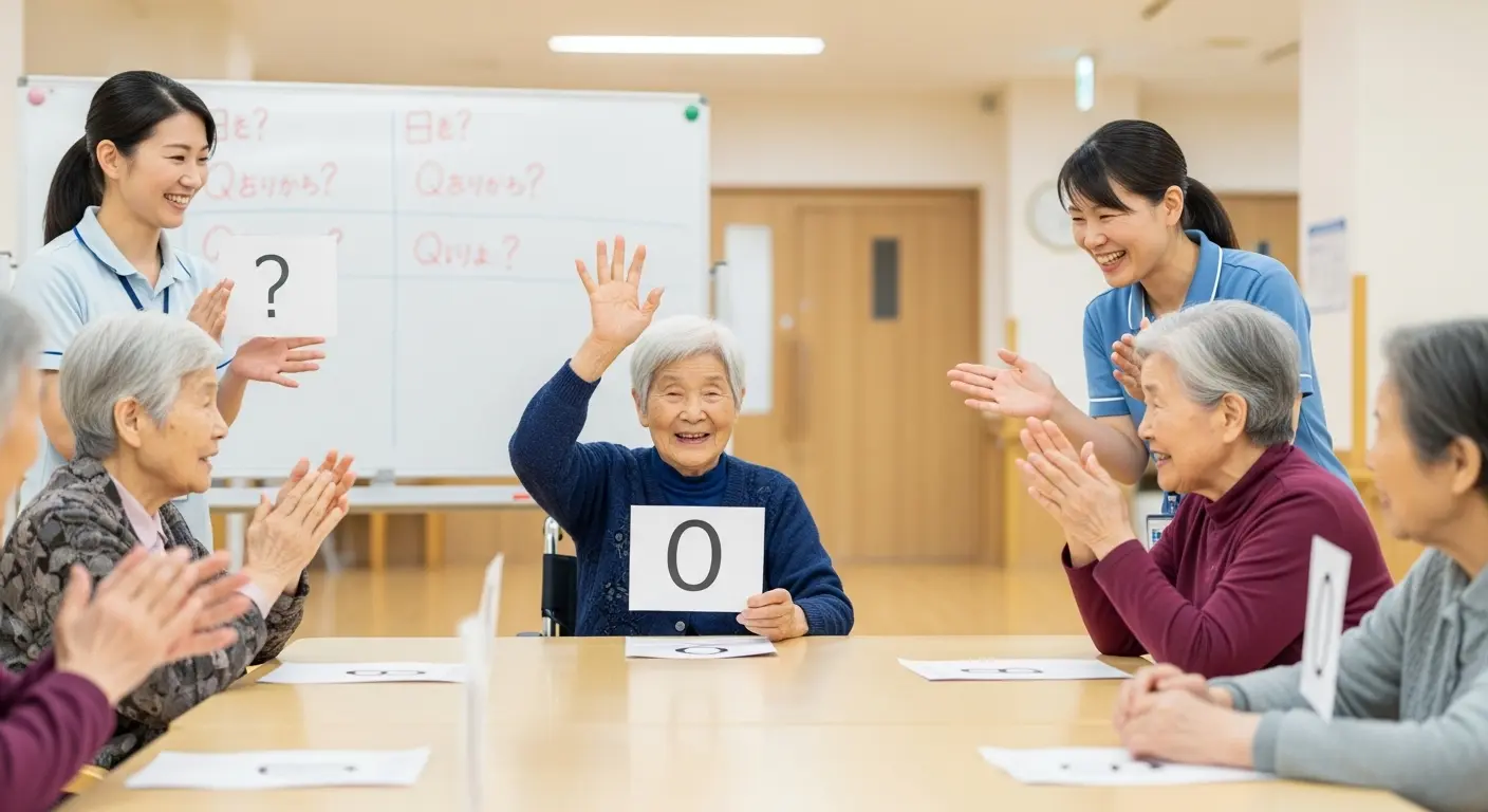 介護施設で3択クイズを楽しむ高齢者と職員