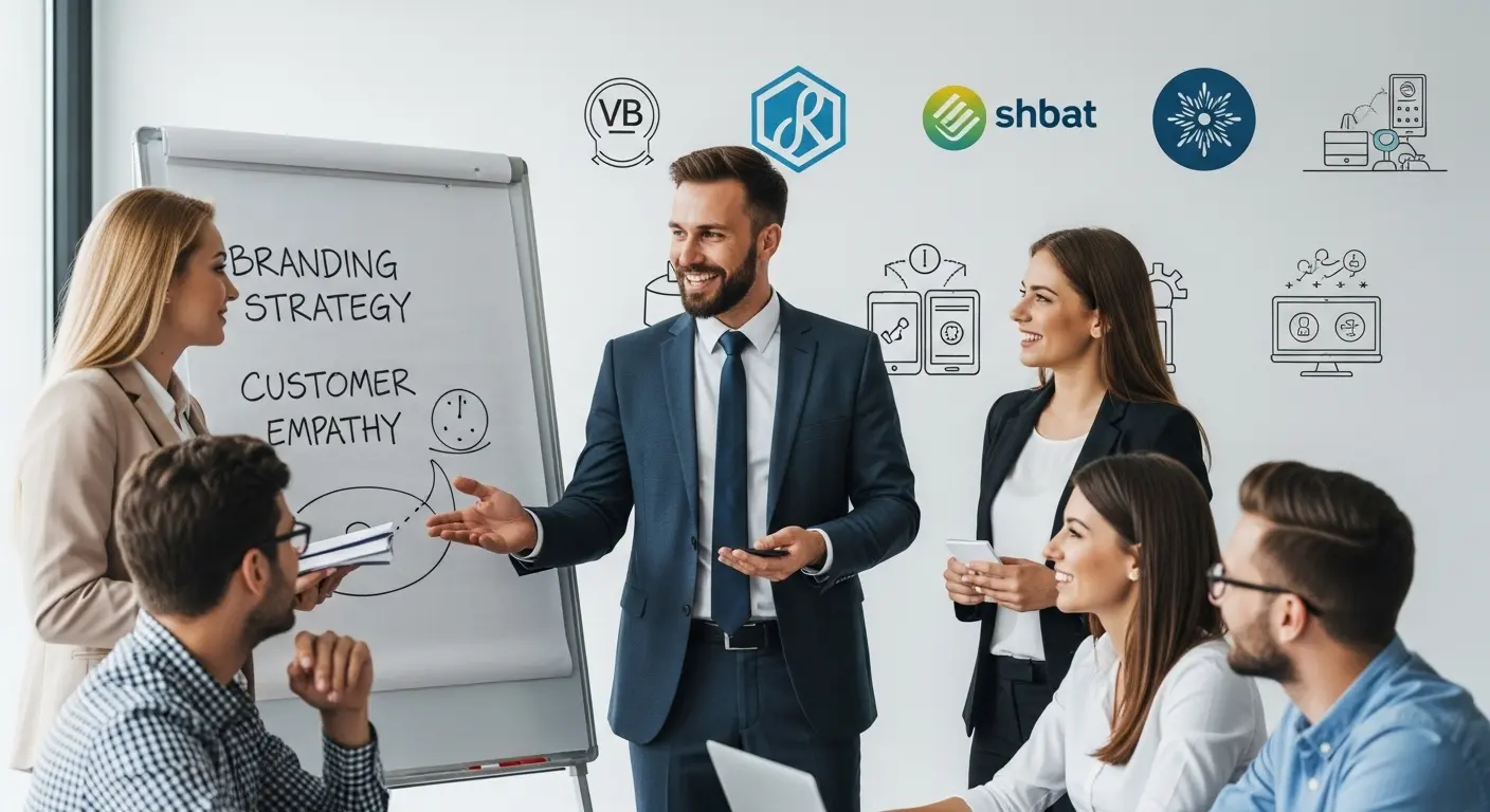 中小企業のブランディング戦略について話し合う経営者と社員たち