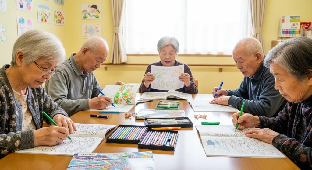 塗り絵を楽しむ高齢者
