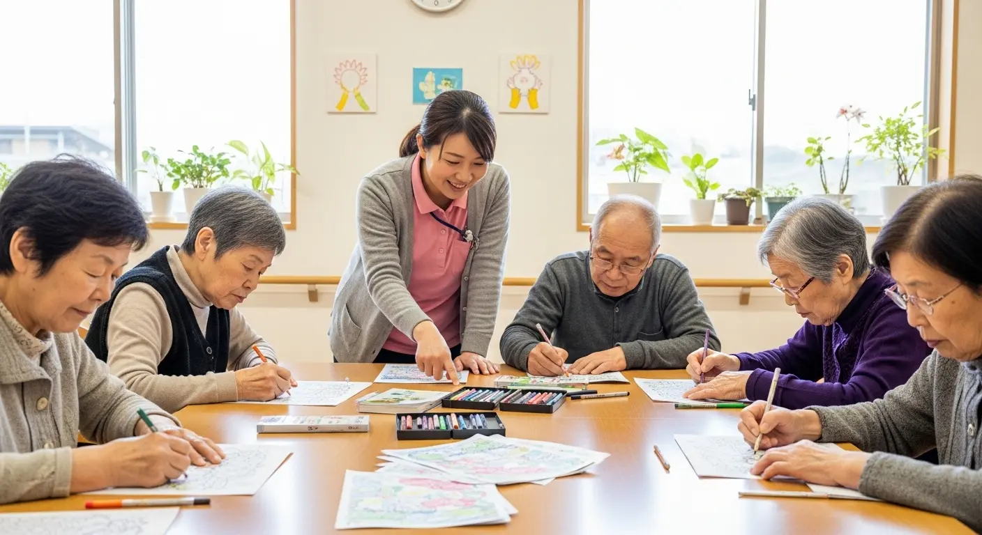 塗り絵を楽しむ高齢者と優しく声をかける介護士