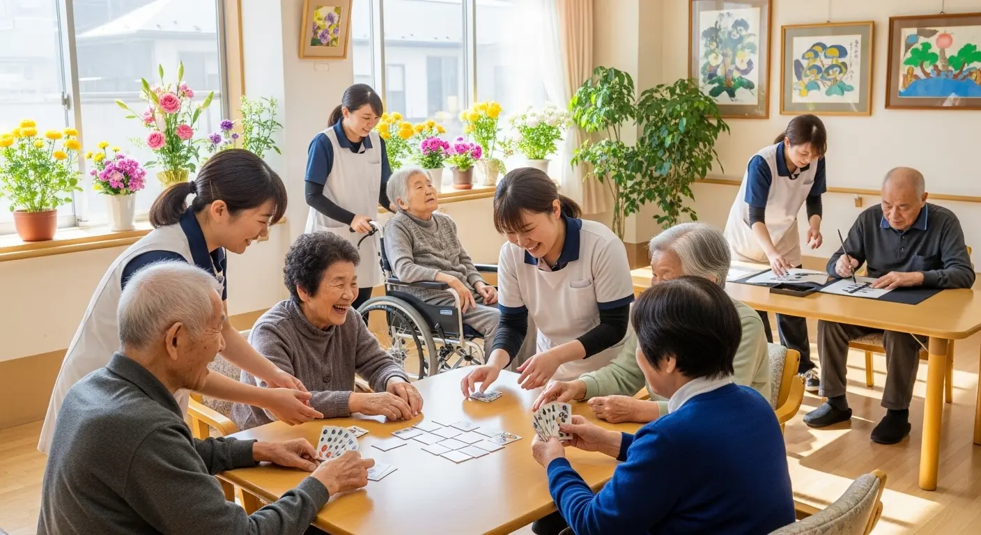 笑顔で談笑する介護施設の入居者と職員