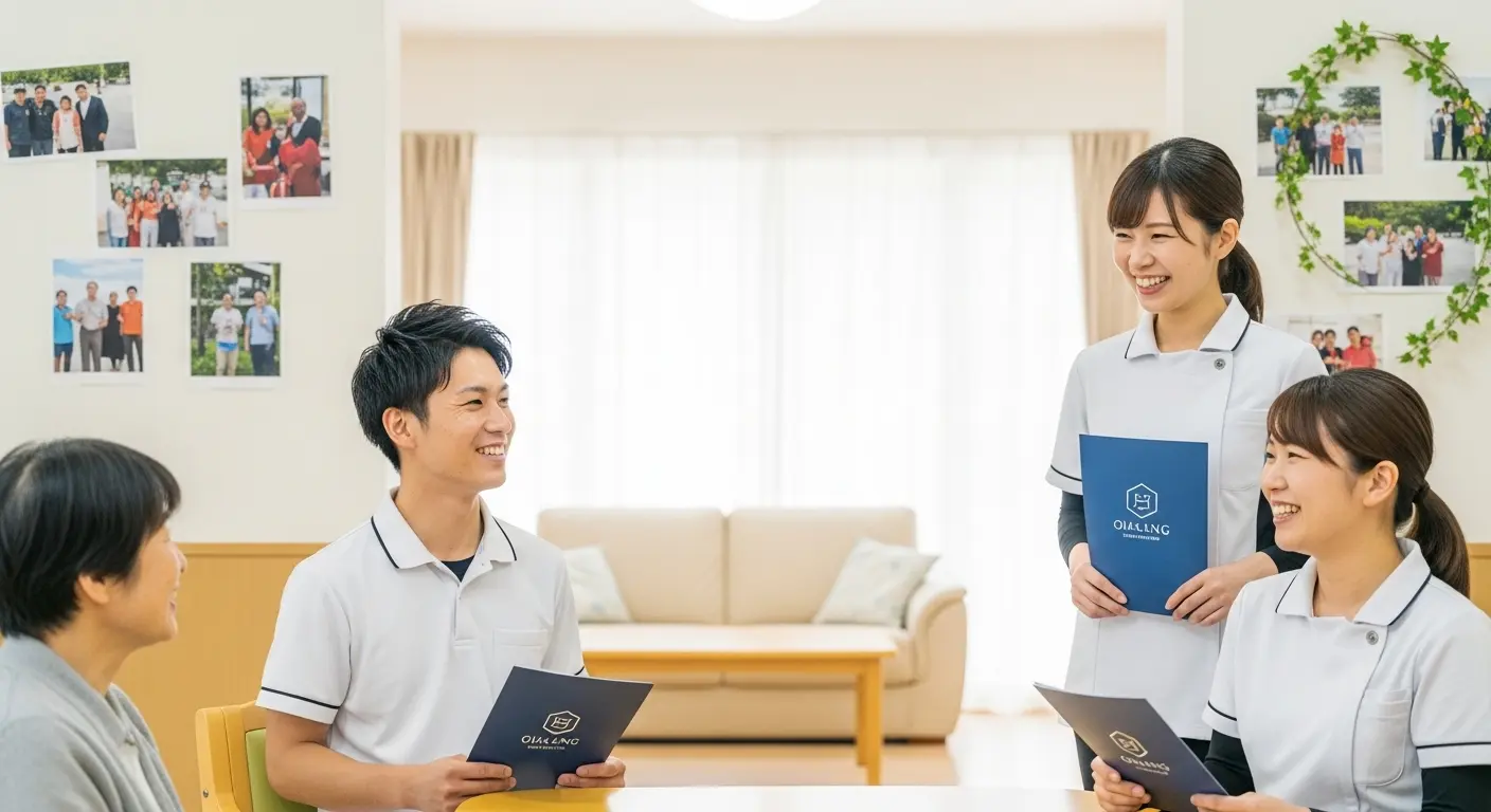 介護施設の職員と入居者が笑顔で交流している様子