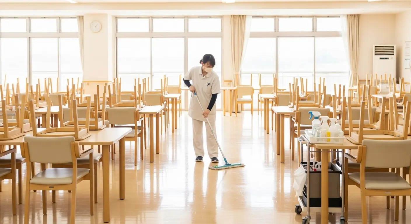 介護施設の丁寧な清掃作業
