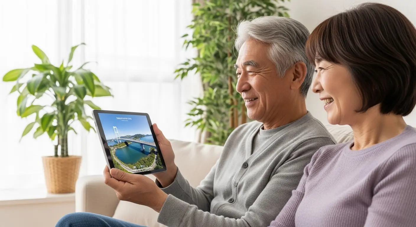 VR動画をタブレットで楽しむ高齢者の夫婦