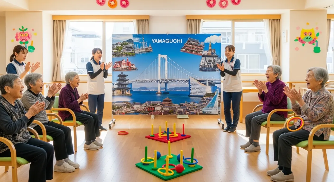 デイサービスレクで盛り上がる高齢者の笑顔と山口ご当地イベントの様子