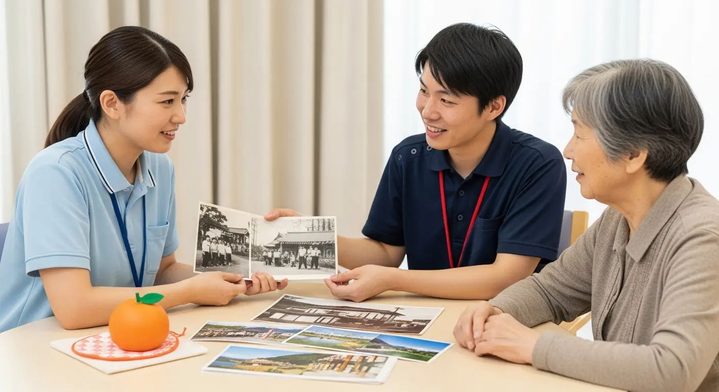 高齢者の回想法レクと個別対応の様子