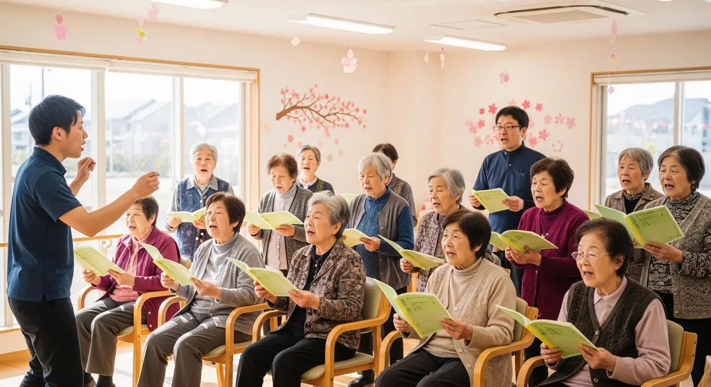 高齢者向け春の歌レクリエーションと口腔体操の様子