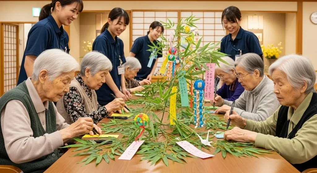 7月七夕のレクアイデアと短冊に願い事を書く高齢者