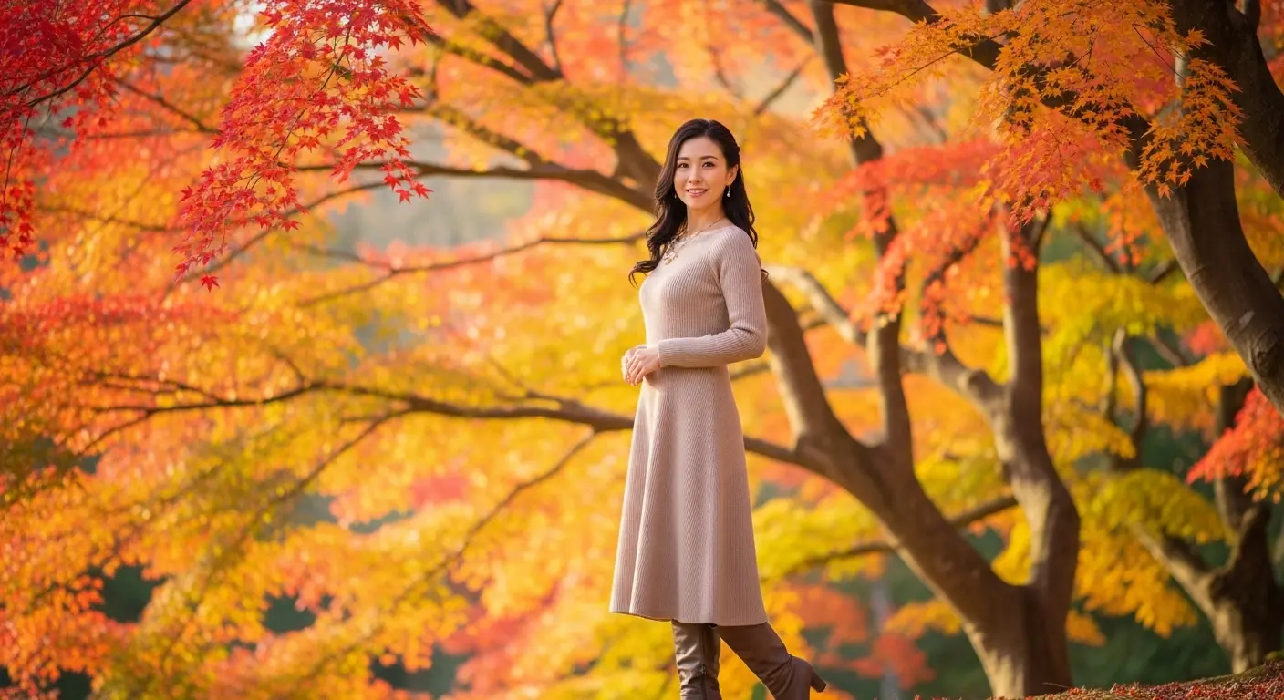 紅葉狩りにおすすめのレディースコーディネート(ニットワンピース)