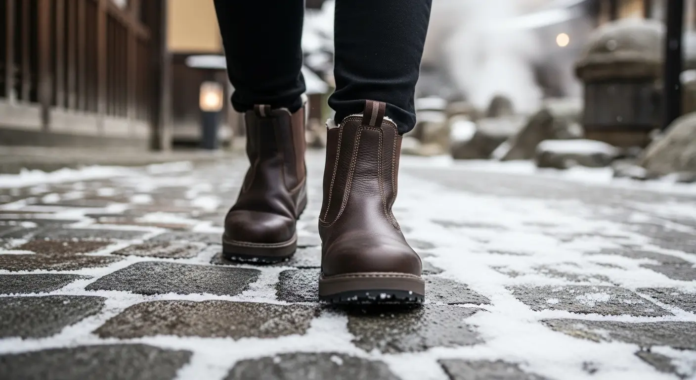 冬の温泉街散策に最適な防水ショートブーツ