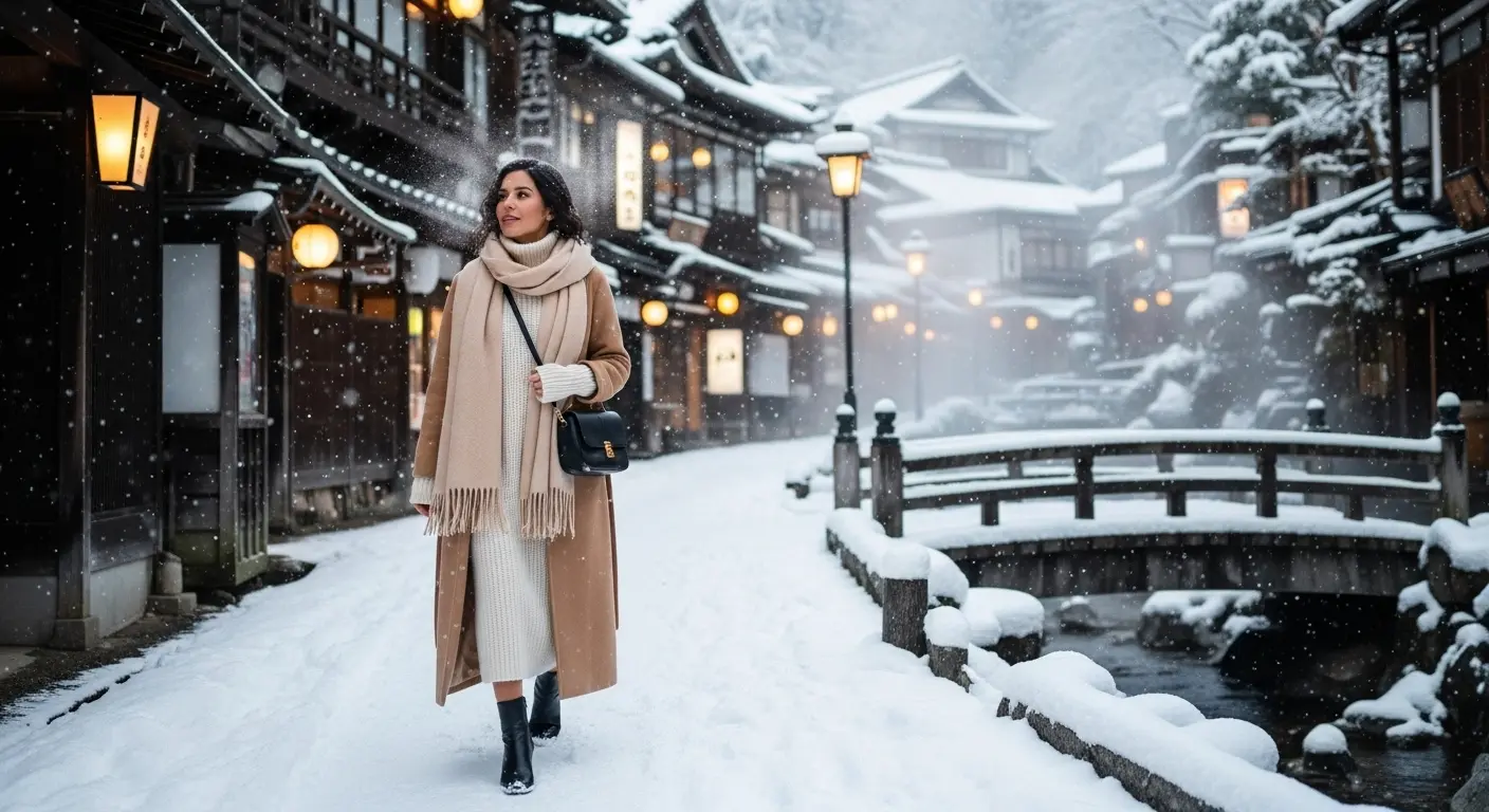 冬の温泉旅行におすすめのレディースニットワンピースコーデ