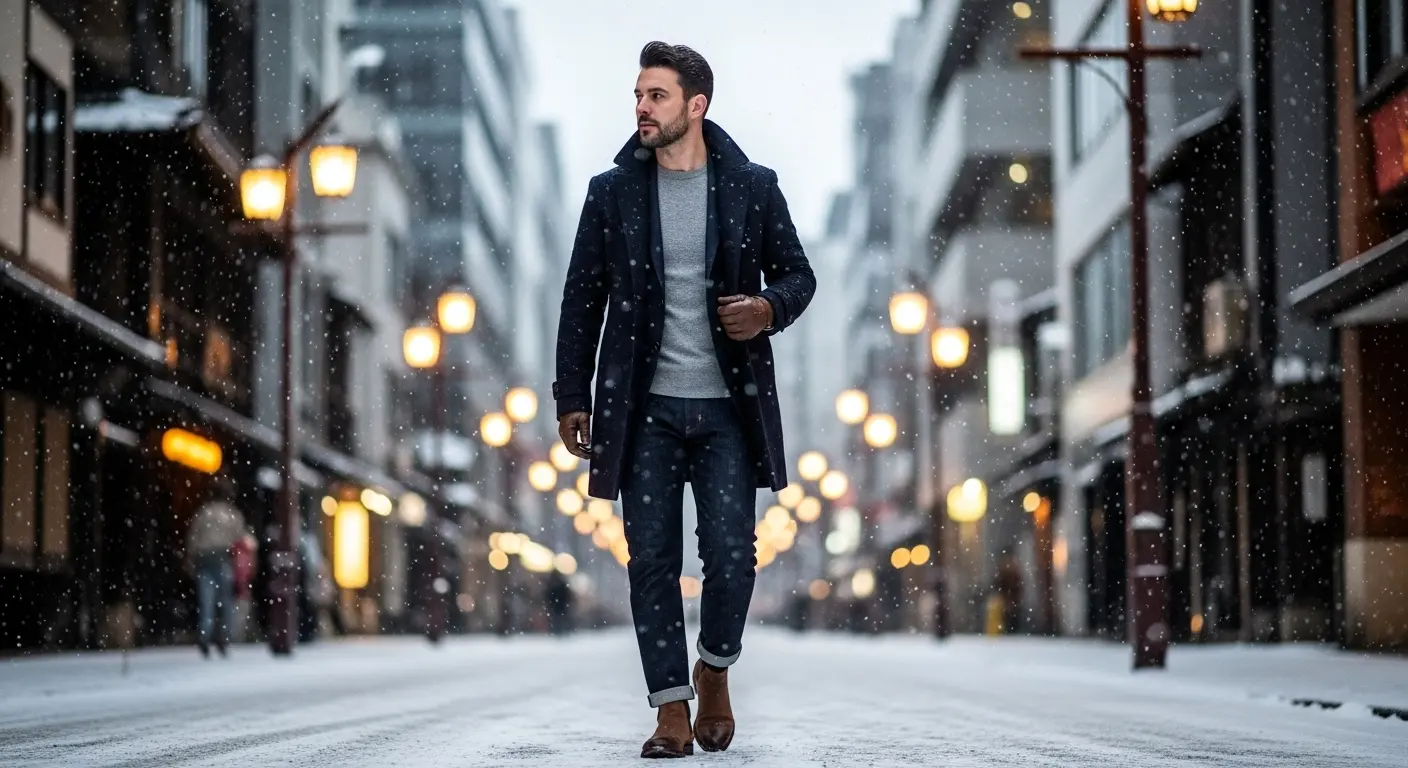 冬の温泉旅行におすすめのメンズコートとニットコーデ