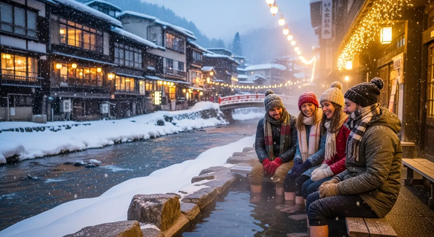 山口県長門湯本温泉の足湯と冬の服装