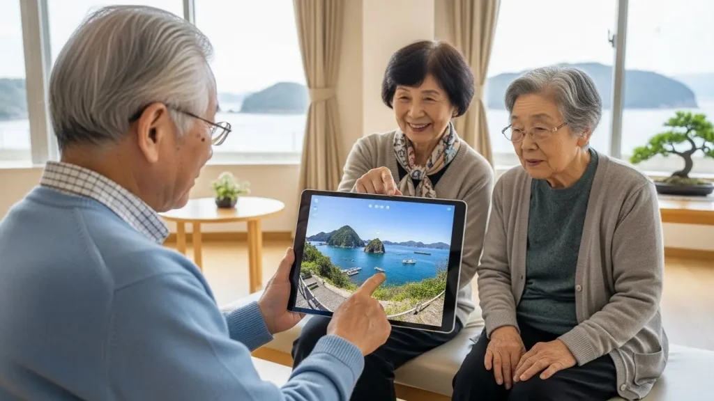 タブレット画面を覗き込み、山口の風景を360度見回して楽しむ高齢者。