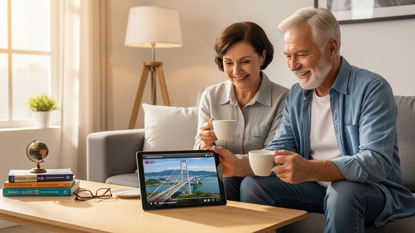 60代の夫婦がタブレットでYouTubeの旅行動画を見ている様子。