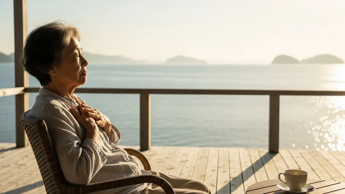 椅子に座ってリラックスしながら呼吸体操を行う高齢者の様子。