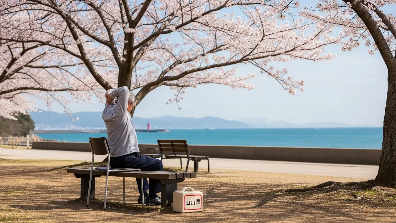 椅子に座って股関節のストレッチを行い、歩行能力の改善を目指す高齢者の様子。