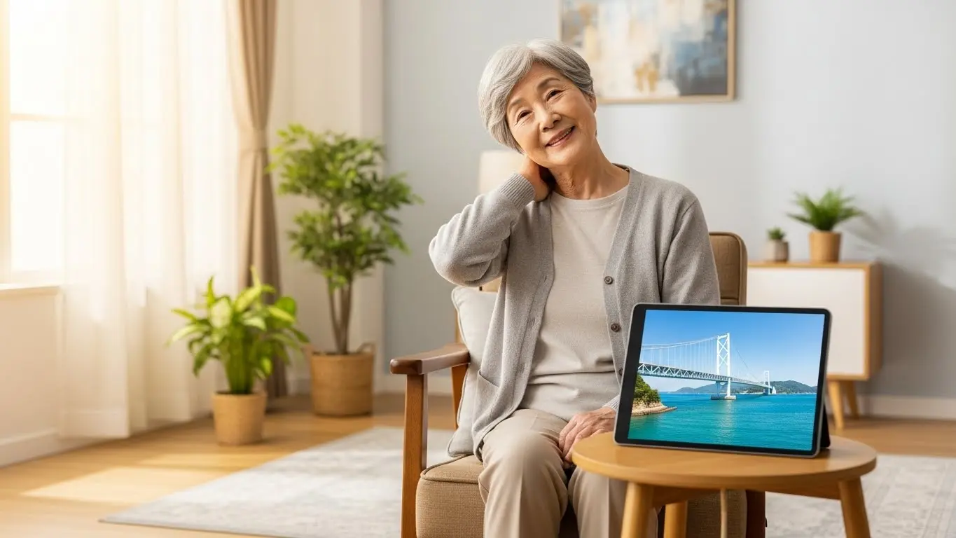 椅子に座って首のストレッチ体操を行う高齢者の様子。