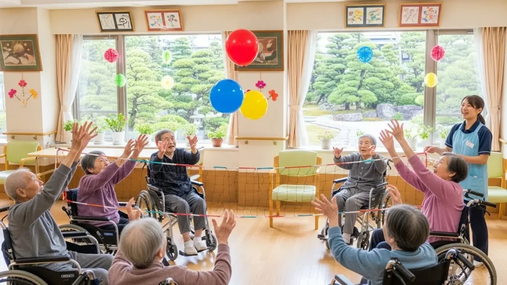 椅子に座りながら、飛んできた風船に向かって両手を伸ばす高齢女性。