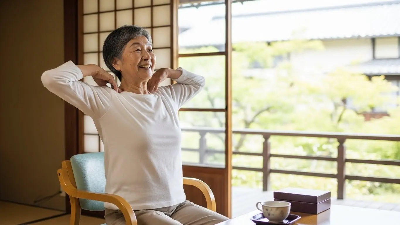 椅子に座って肩甲骨を動かす体操を行い、姿勢改善に取り組む高齢者の様子。