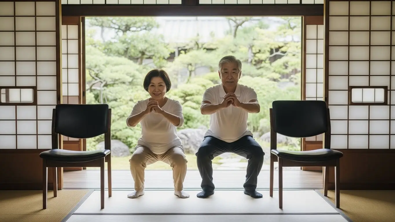 椅子を支えにして安全にスクワット運動を行う高齢者の様子。