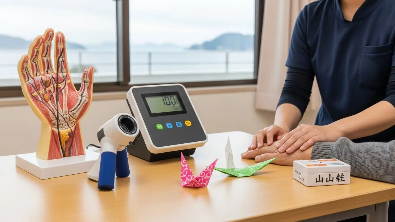 手指機能の解剖学的構造とリハビリテーションの様子。