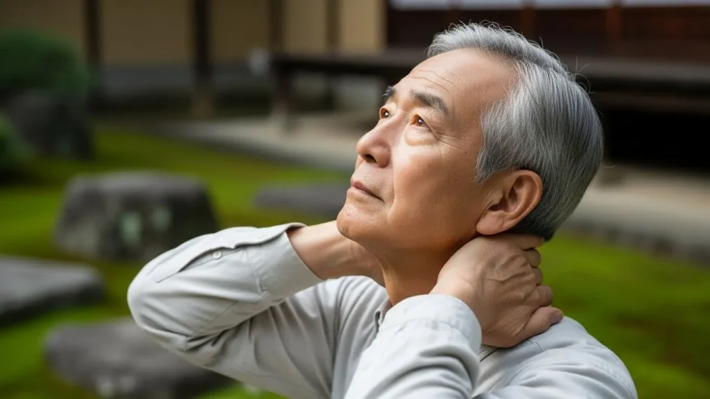 高齢者が首の後ろで手を組み、ゆっくりと斜め上を見上げている様子。