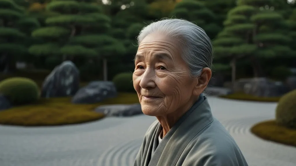 ゆっくりと円を描くように首を回している高齢者。