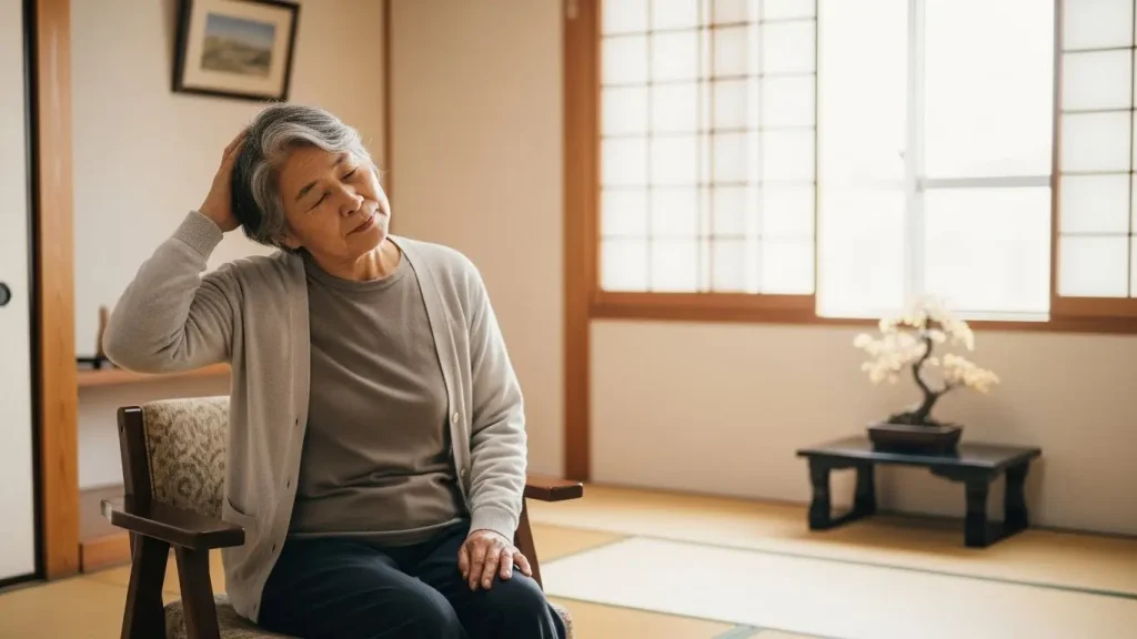 高齢者が椅子に座り、首をゆっくりと右横に倒してストレッチをしている。