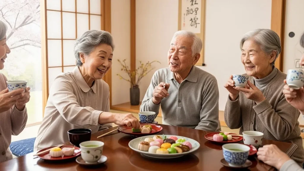 高齢者が山口弁ボックスのお菓子を食べながら、笑顔で会話している。