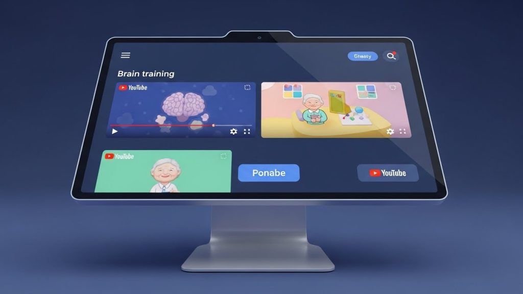 大型タッチスクリーンでYouTubeの脳トレ動画に挑戦する高齢者。