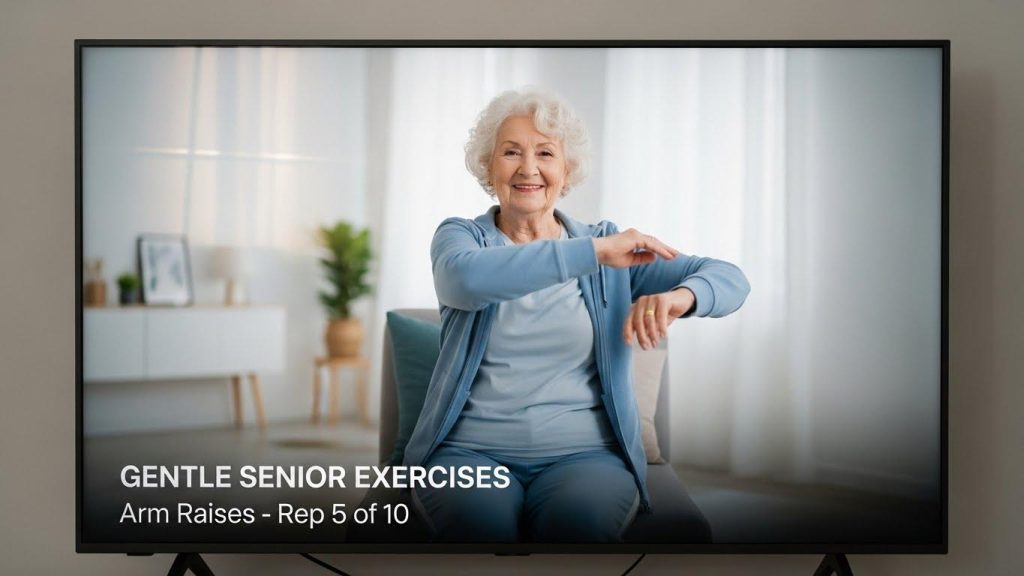 テレビ画面のYouTube動画を見ながら、椅子に座って体操する高齢女性。