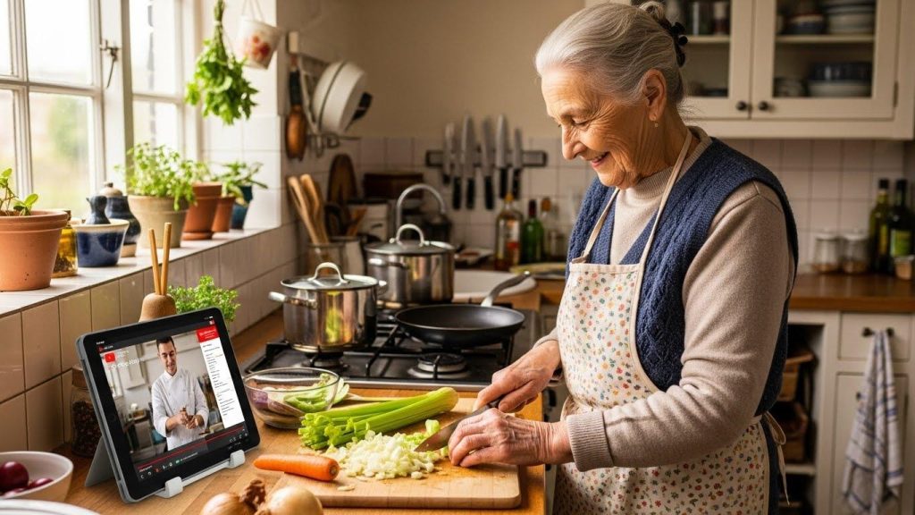 YouTubeのレシピ動画を見ながら料理をする高齢女性。