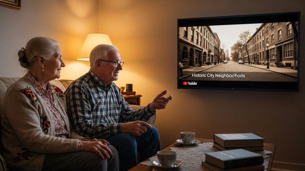 夫婦がYouTubeの懐かしい映像を見ながら回想している。