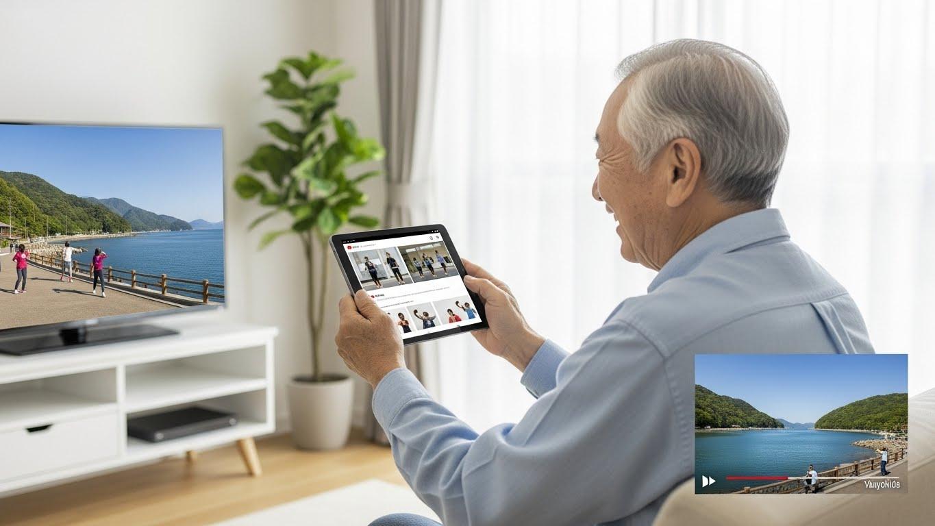 高齢男性がタブレットでYouTubeの体操動画を見ながら運動している様子。