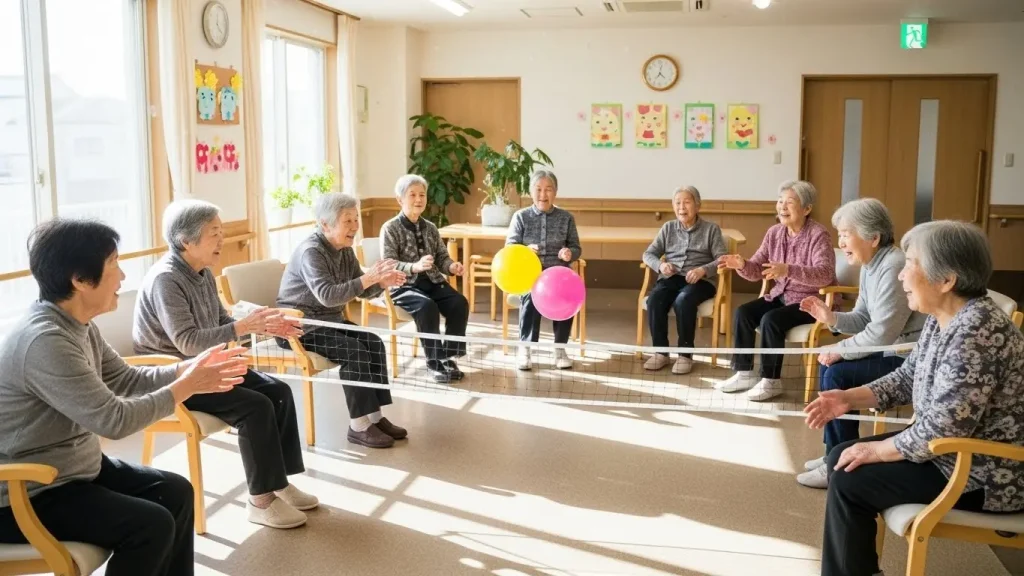 優しく風船を押し出すようにサーブを打つ高齢者の手。