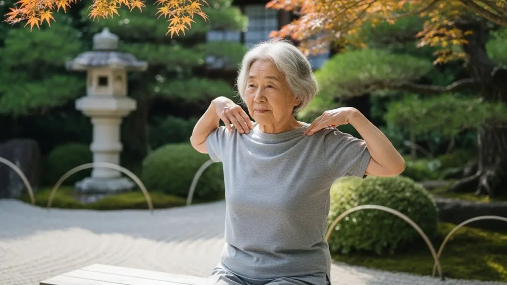 高齢者が肩を耳に近づけるように持ち上げ、一気に力を抜いて下ろす動作。