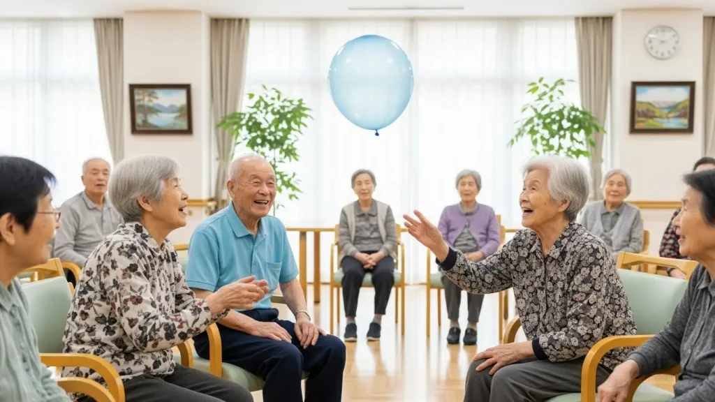 プレー中に目を合わせて笑い合う、同じチームの高齢者グループ。