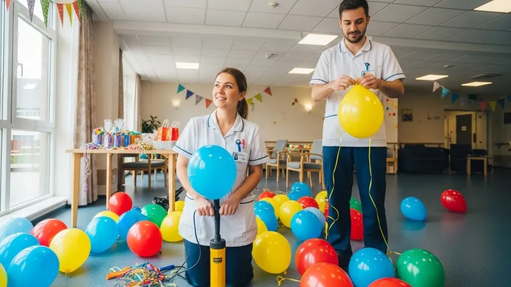 レクリエーションの準備として風船を膨らませる介護職のスタッフ。
