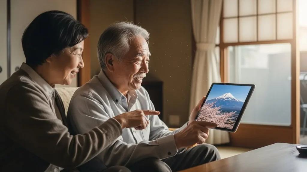 高齢者がタブレットを持って上下左右に動かし、360度動画を楽しんでいる。
