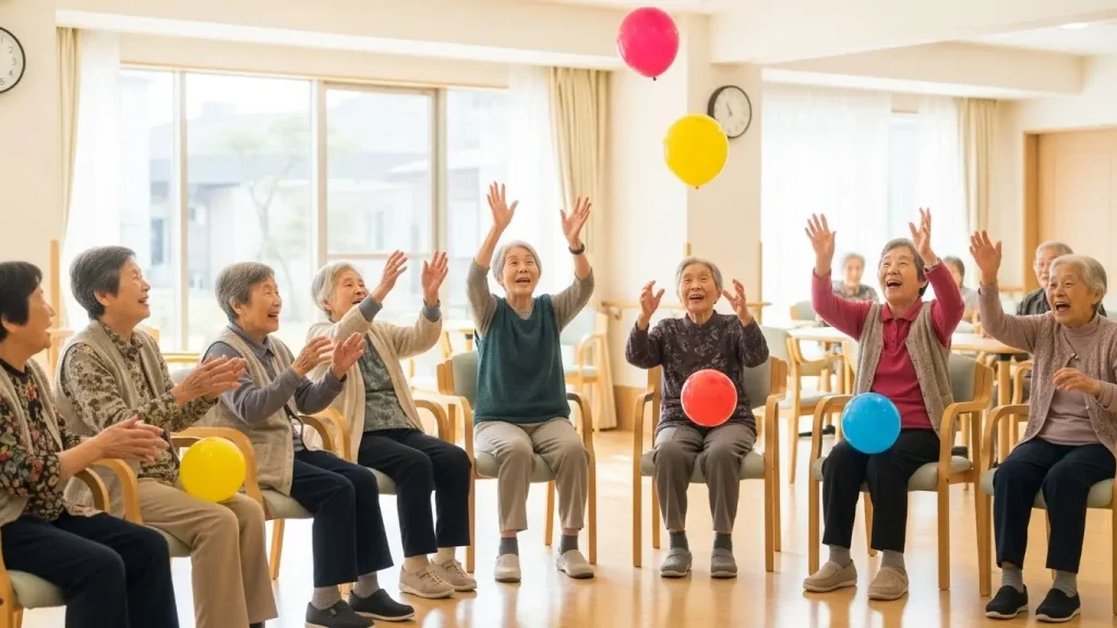 レクの会場で、大きな文字と図解で示された風船バレーのルール。